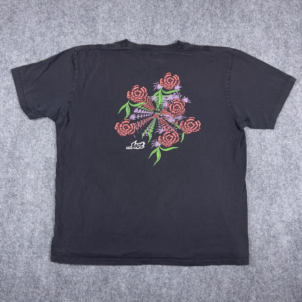 Y2K Lost T-Shirt Mens XL Black Floral Rose Graphic Surf Skate Tee
